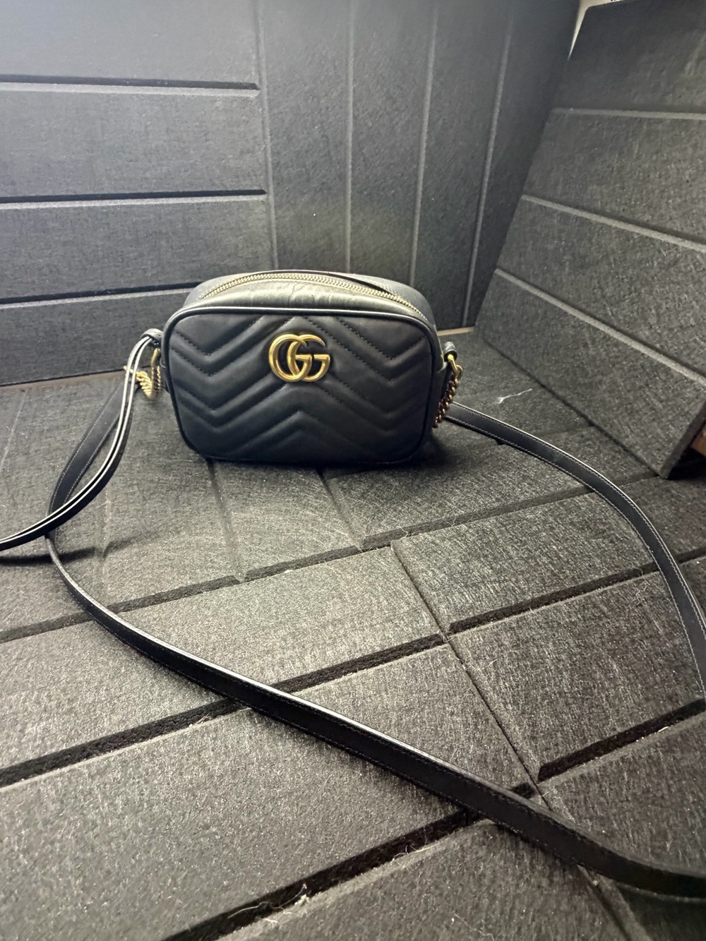 Gucci Black Quilted Leather GG Crossbody Bag with Gold Hardware